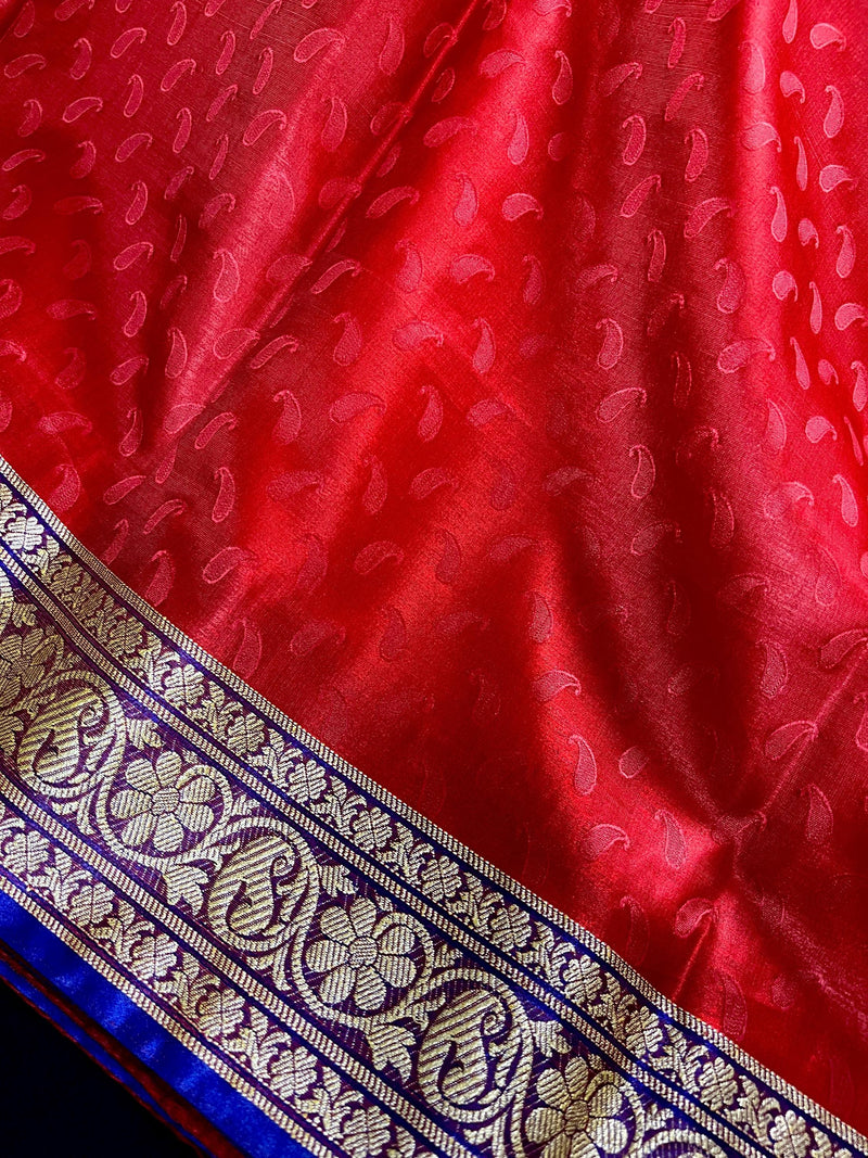 Red and Blue Banarasi Tanchoi Silk Saree with Ambi Buttis | Zari Weaving with Motifs | Banarasi Silk Sarees