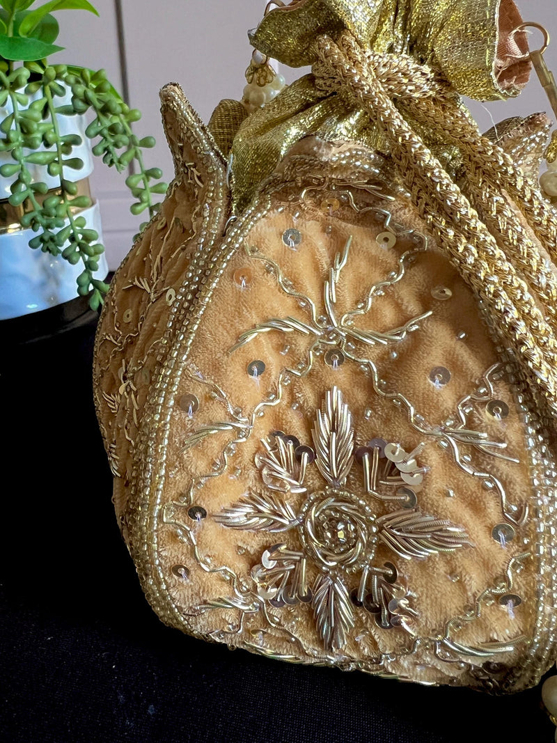 Beige Color Velvet Wedding Potli Bag | Handmade Embellished Stone and Pearl | Desi Indian Pakistani Wedding Purse | Evening Party Purse