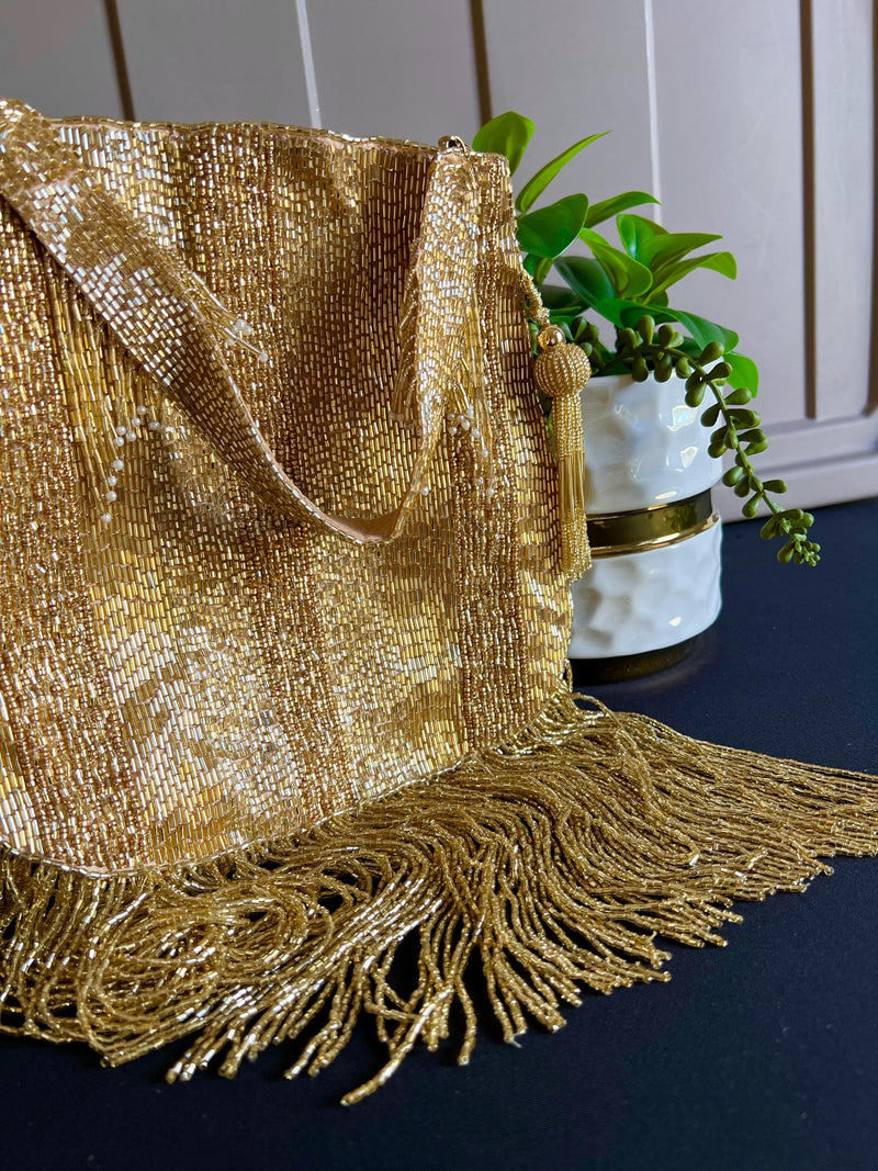 Gold Color Embellished Sequin Handbag  with Long Strings | Bags for Gifts | Wedding Bags