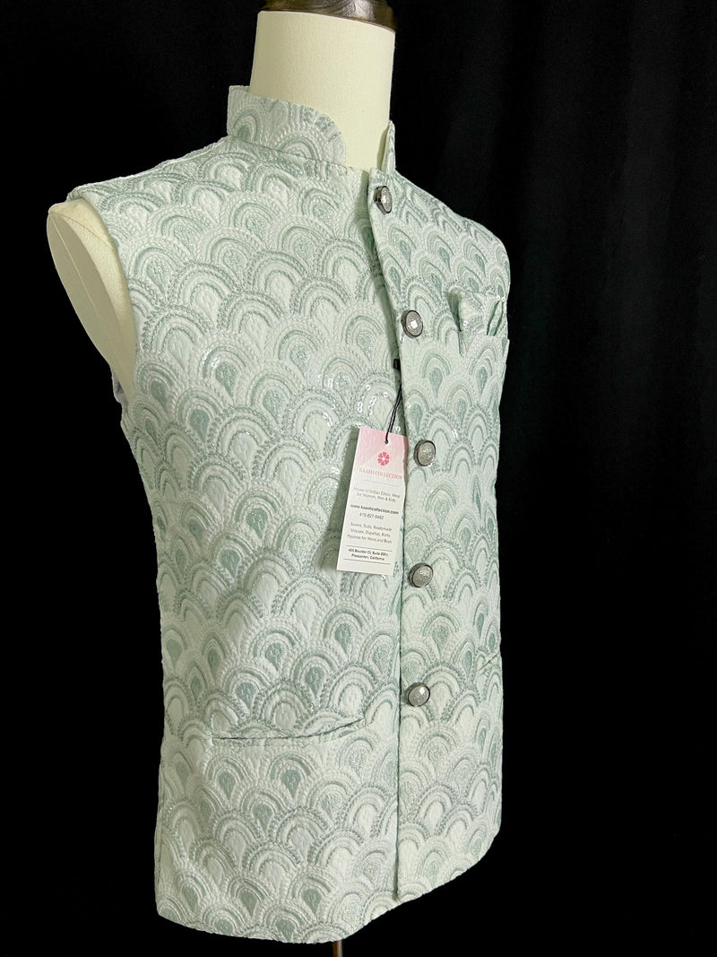 Pastel Sea Green Jacket for Men with Embroidery, thread and Sequin Work | Jacket for Kurta | Mens Wedding Wear Outfit | Men Waistcoat