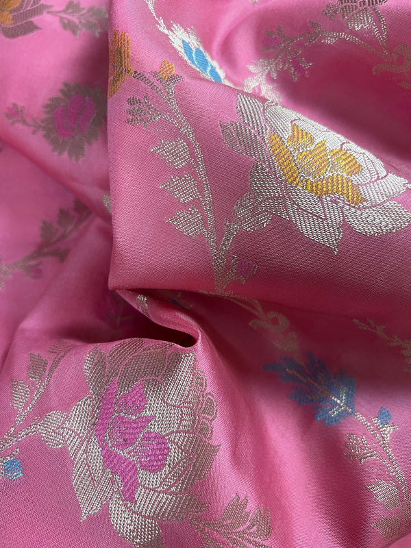 Statement Handmade Pastel Rose Pink Color Banarasi Semi Katan Silk Saree with Meenakari and Muted Gold Zari Weave