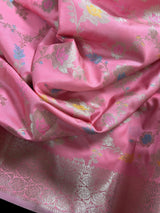 Statement Handmade Pastel Rose Pink Color Banarasi Semi Katan Silk Saree with Meenakari and Muted Gold Zari Weave