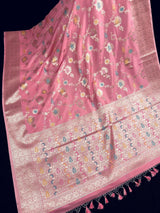 Statement Handmade Pastel Rose Pink Color Banarasi Semi Katan Silk Saree with Meenakari and Muted Gold Zari Weave