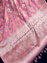 Statement Handmade Pastel Rose Pink Color Banarasi Semi Katan Silk Saree with Meenakari and Muted Gold Zari Weave