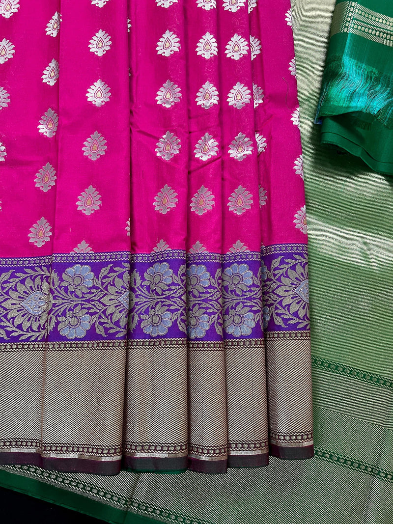 Hot Pink with Purple and Green color combination Traditional Border Banarasi Handloom Soft Silk Saree | Silk Sarees