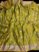 Dual Tone of Mehndi Green Banarasi Butter Soft Silk in Gold and Sliver Zari with Floral Design