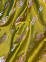 Dual Tone of Mehndi Green Banarasi Butter Soft Silk in Gold and Sliver Zari with Floral Design