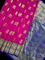 Hot Pink, Green and blue Banarasi Silk Saree Floral design with grand pallu | Zari Weave work | Kaash Collection