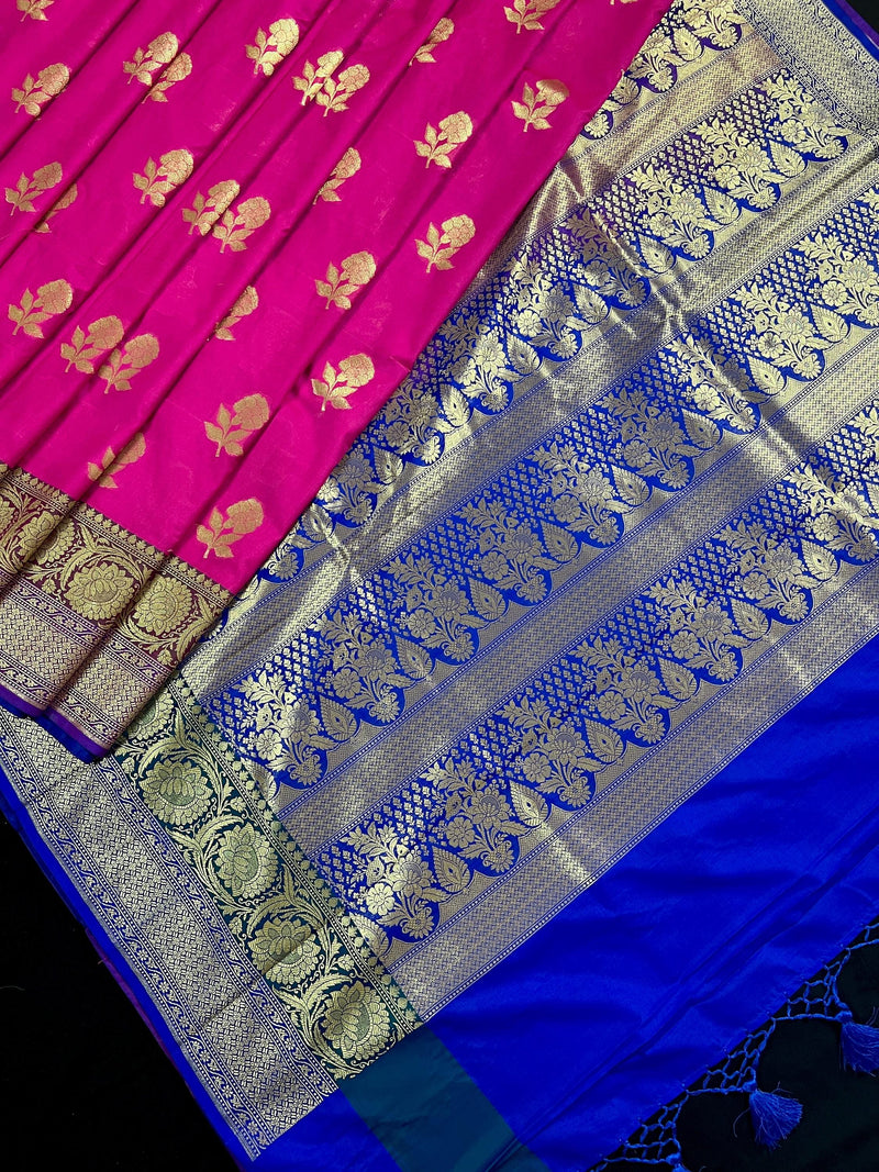 Hot Pink, Green and blue Banarasi Silk Saree Floral design with grand pallu | Zari Weave work | Kaash Collection