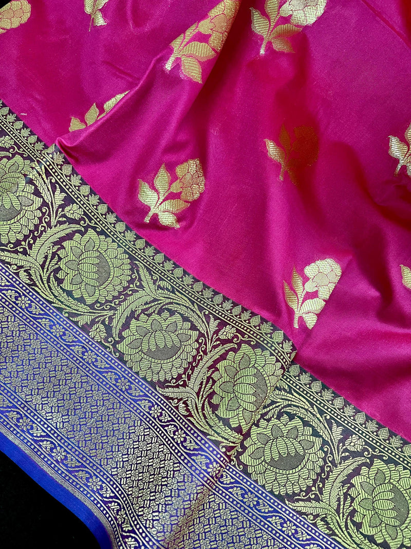 Hot Pink, Green and blue Banarasi Silk Saree Floral design with grand pallu | Zari Weave work | Kaash Collection