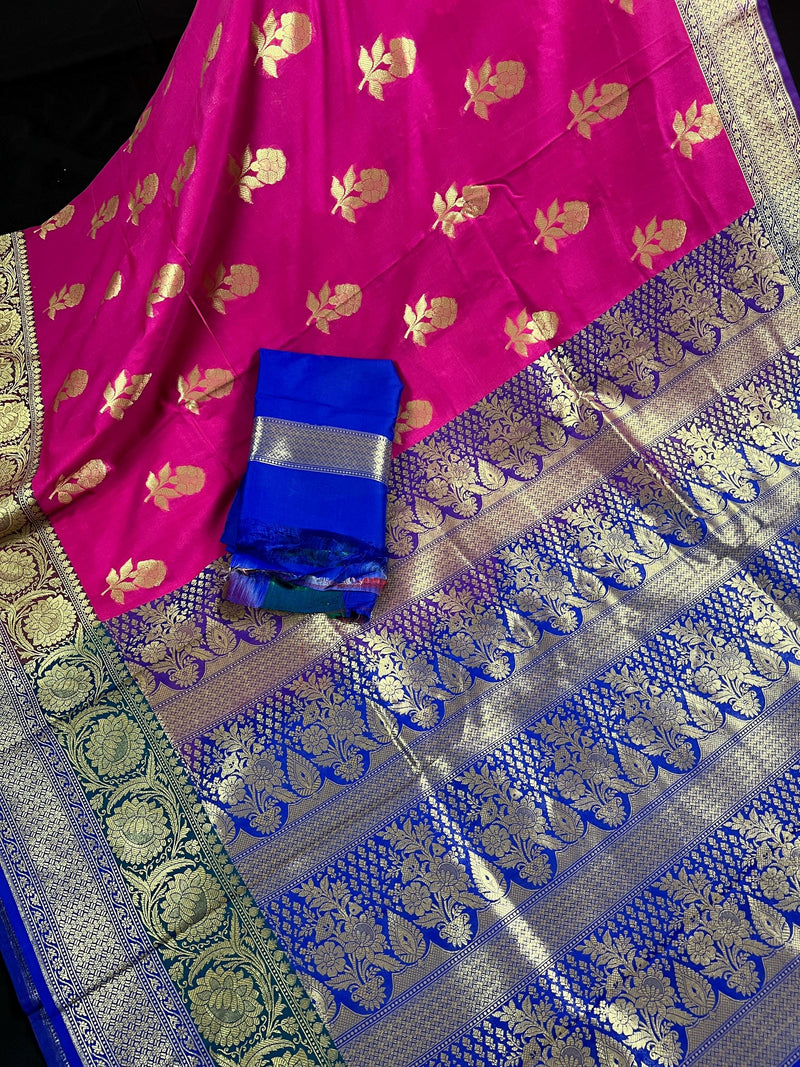 Hot Pink, Green and blue Banarasi Silk Saree Floral design with grand pallu | Zari Weave work | Kaash Collection