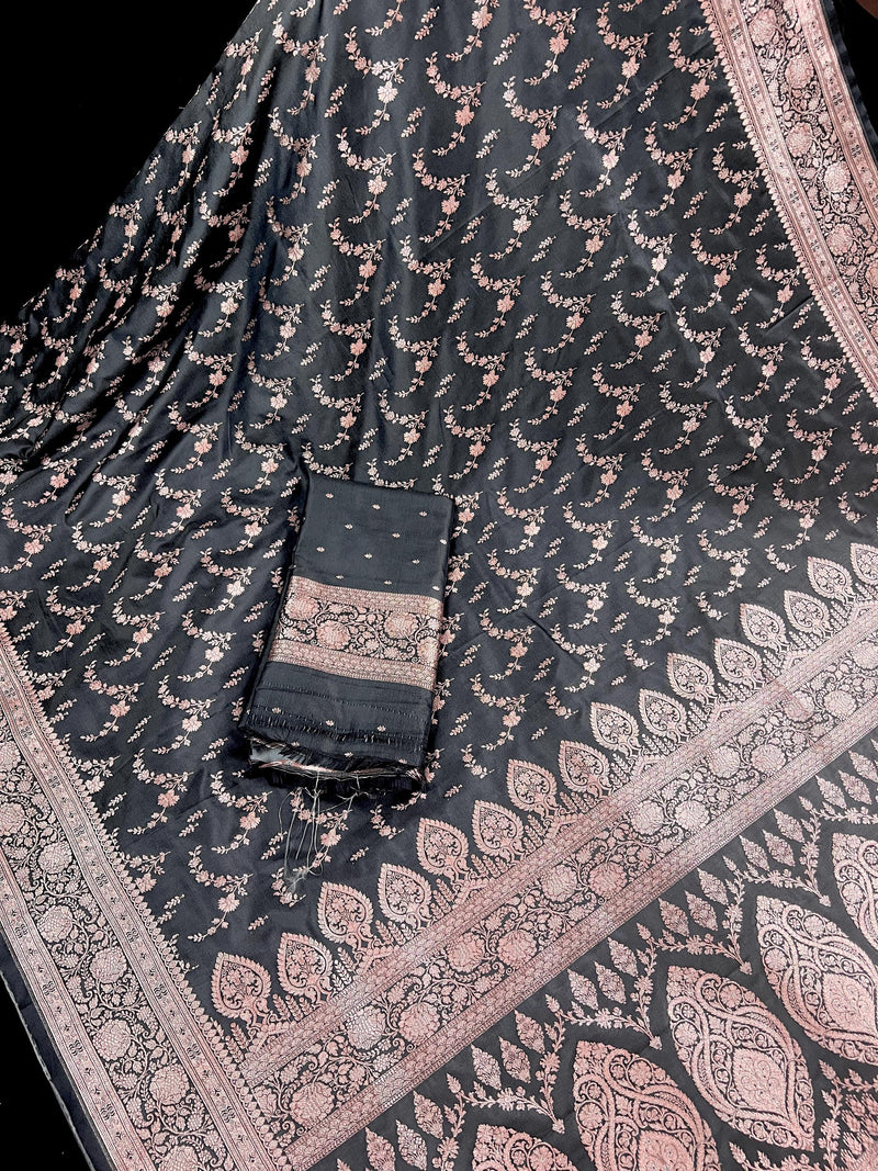 Charocal Grey Color Soft Mashru Silk handloom Saree with Copper Zari Weave with Banarasi Border and Pallu - Banarasi Mashru Silk Saree