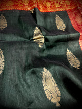 Handmade Pine Green Color Saree in Linen blend with Cotton Silk Handloom Saree with Zari Weave