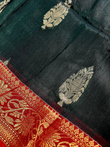 Handmade Pine Green Color Saree in Linen blend with Cotton Silk Handloom Saree with Zari Weave