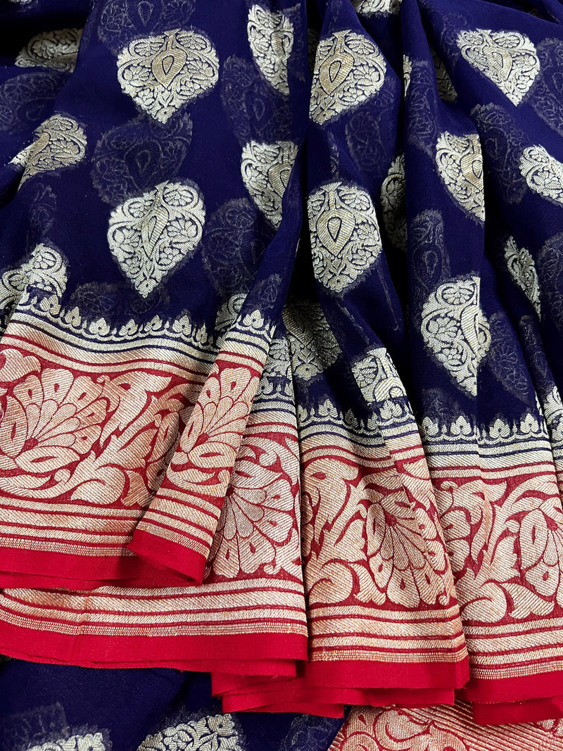 Blue Color Pure Khaddi Georgette Banarasi Silk Saree with Red Pallu and Border | SILK MARK CERTIFIED