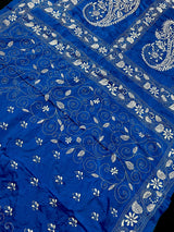 Royal Blue Color Bangalori Silk Saree with Hand Kantha Stitch | Handwoven Kantha Stitch Sarees | Kantha Saress | Silk Sarees | Bengal Sarees