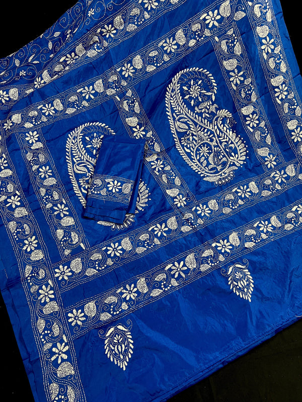 Royal Blue Color Bangalori Silk Saree with Hand Kantha Stitch | Handwoven Kantha Stitch Sarees | Kantha Saress | Silk Sarees | Bengal Sarees