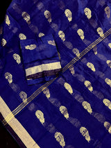 Blue Color Handloom Cotton Silk Saree with Gold Zari Flowers | Handloom Saree