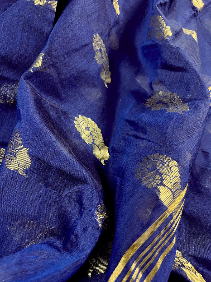 Blue Color Handloom Cotton Silk Saree with Gold Zari Flowers | Handloom Saree