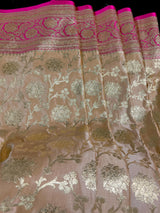 Gold Color Saree with Hot Pink Border Traditional Banarasi Satin Silk Saree with Muted Gold Zari Floral Jaal Weave