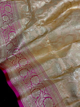 Gold Color Saree with Hot Pink Border Traditional Banarasi Satin Silk Saree with Muted Gold Zari Floral Jaal Weave