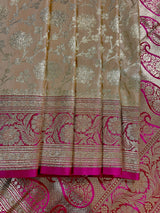 Gold Color Saree with Hot Pink Border Traditional Banarasi Satin Silk Saree with Muted Gold Zari Floral Jaal Weave