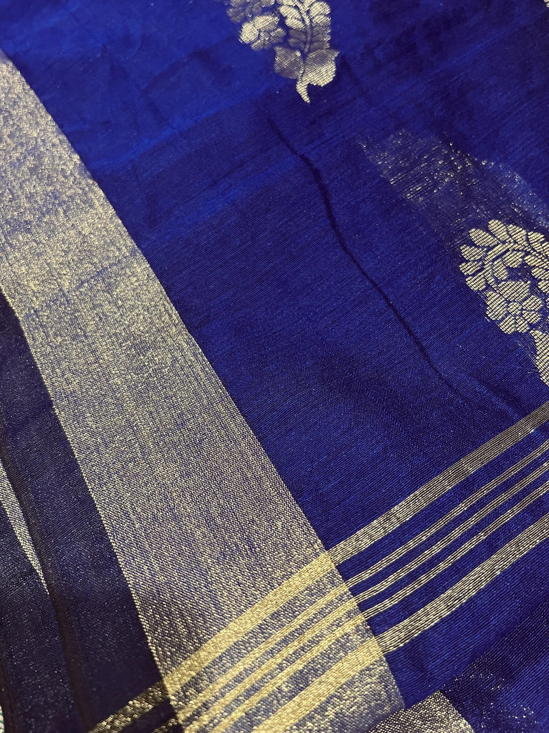 Blue Color Handloom Cotton Silk Saree with Gold Zari Flowers | Handloom Saree