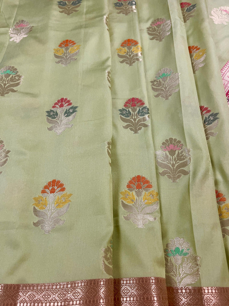 Statement Handmade Sage Green Color Banarasi Semi Katan Silk Saree with Meenakari and Muted Gold Zari Weave with Pink Border