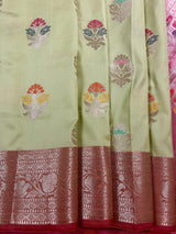 Statement Handmade Sage Green Color Banarasi Semi Katan Silk Saree with Meenakari and Muted Gold Zari Weave with Pink Border