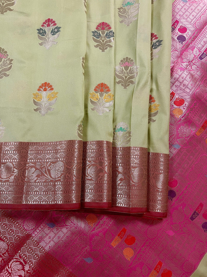 Statement Handmade Sage Green Color Banarasi Semi Katan Silk Saree with Meenakari and Muted Gold Zari Weave with Pink Border