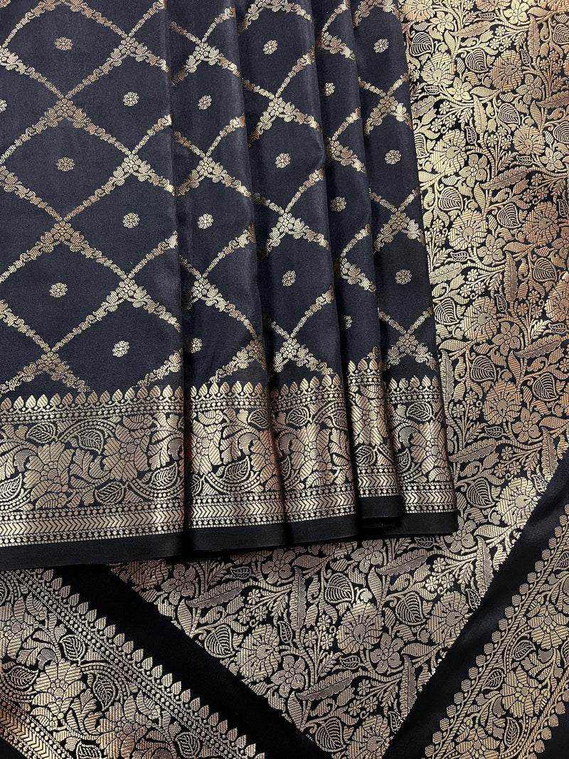 Black Color Banarasi Handloom Semi Soft Silk Saree - Antique Gold Zari Weave - Banarasi Sarees