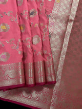 Statement Handmade Pastel Muave Pink Color Banarasi Semi Katan Silk Saree with Meenakari and Muted Gold Zari Weave