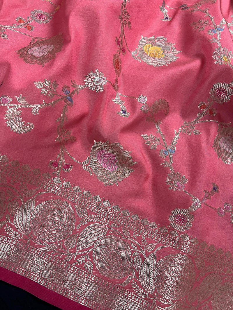 Statement Handmade Pastel Muave Pink Color Banarasi Semi Katan Silk Saree with Meenakari and Muted Gold Zari Weave