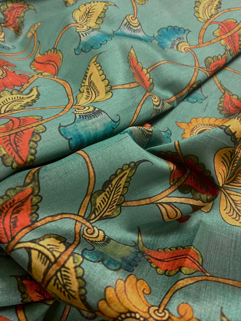 Turquoise Color Semi Tussar Saree with Kalamkari and Radha Krishna with a Peacock Digital Prints | Kalamkari Sarees | Digital Prints Sarees