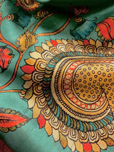 Turquoise Color Semi Tussar Saree with Kalamkari and Radha Krishna with a Peacock Digital Prints | Kalamkari Sarees | Digital Prints Sarees