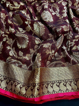 Chocolate Color Linen Jamdani Handloom Saree  with Floral Jaal  | Linen Saree | Jamdani | Handloom Sarees | Gift for Her