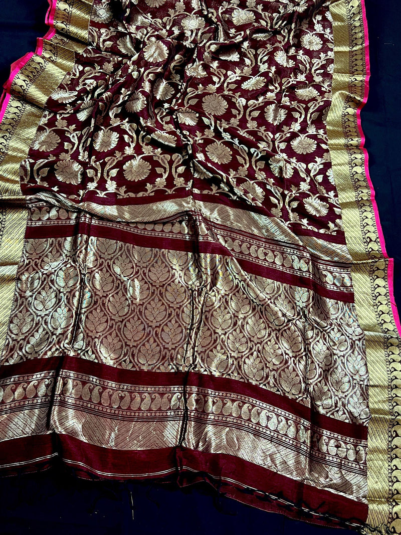 Chocolate Color Linen Jamdani Handloom Saree  with Floral Jaal  | Linen Saree | Jamdani | Handloom Sarees | Gift for Her