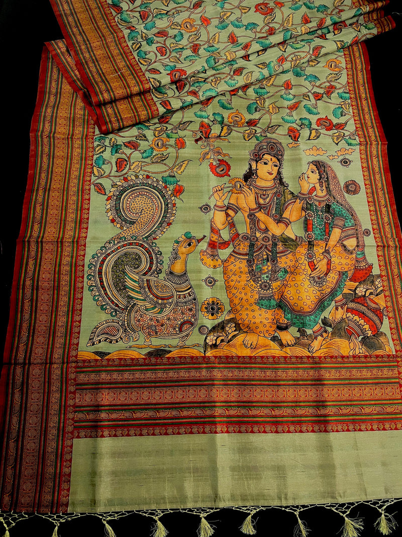 Pastel Olive Green Color Semi Tussar Saree with Kalamkari and Radha Krishna with a Peacock Digital Prints | Kalamkari Sarees