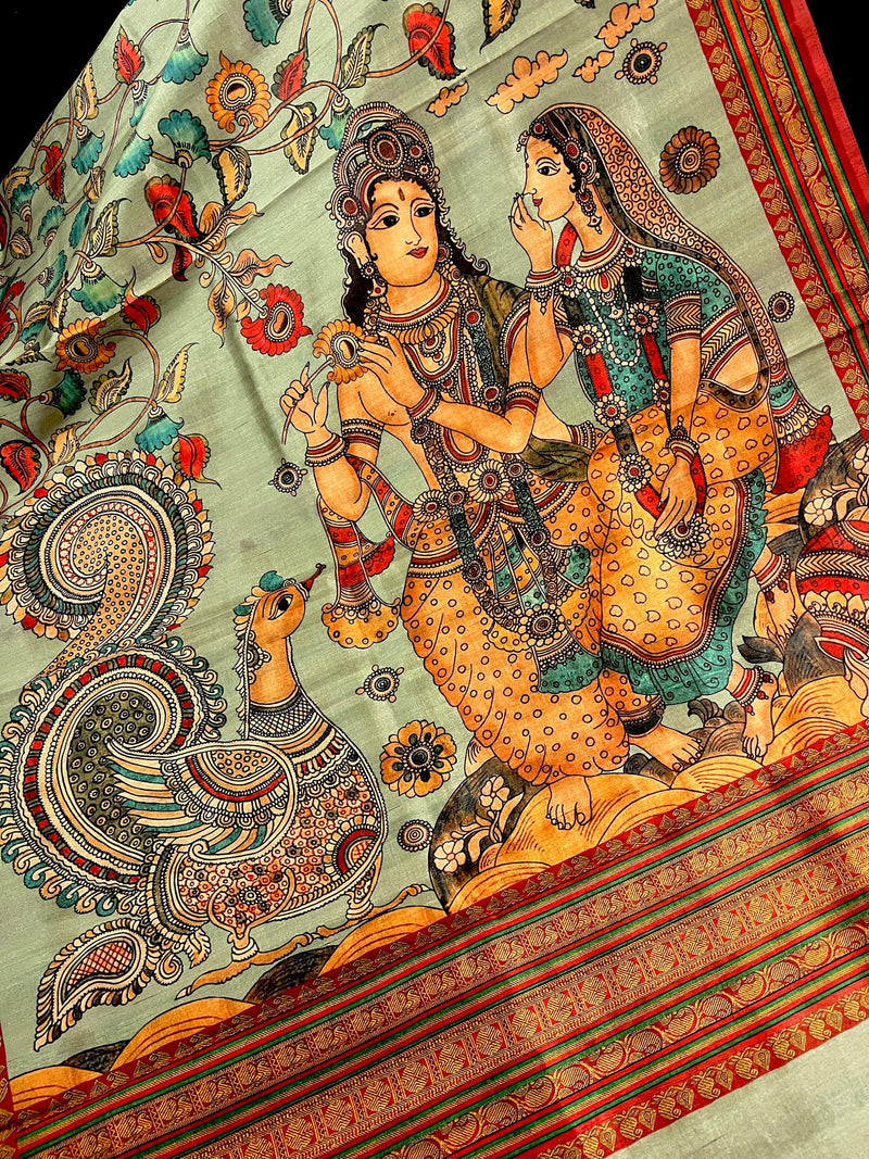 Pastel Olive Green Color Semi Tussar Saree with Kalamkari and Radha Krishna with a Peacock Digital Prints | Kalamkari Sarees