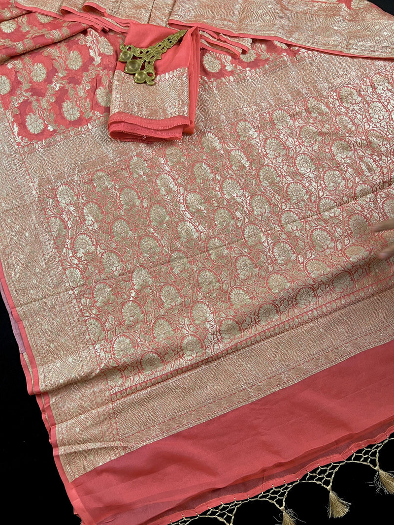 Peach Color Pure Khaddi Georgette Banarasi Silk Saree with Muted Gold Weave  | SILK MARK CERTIFIED