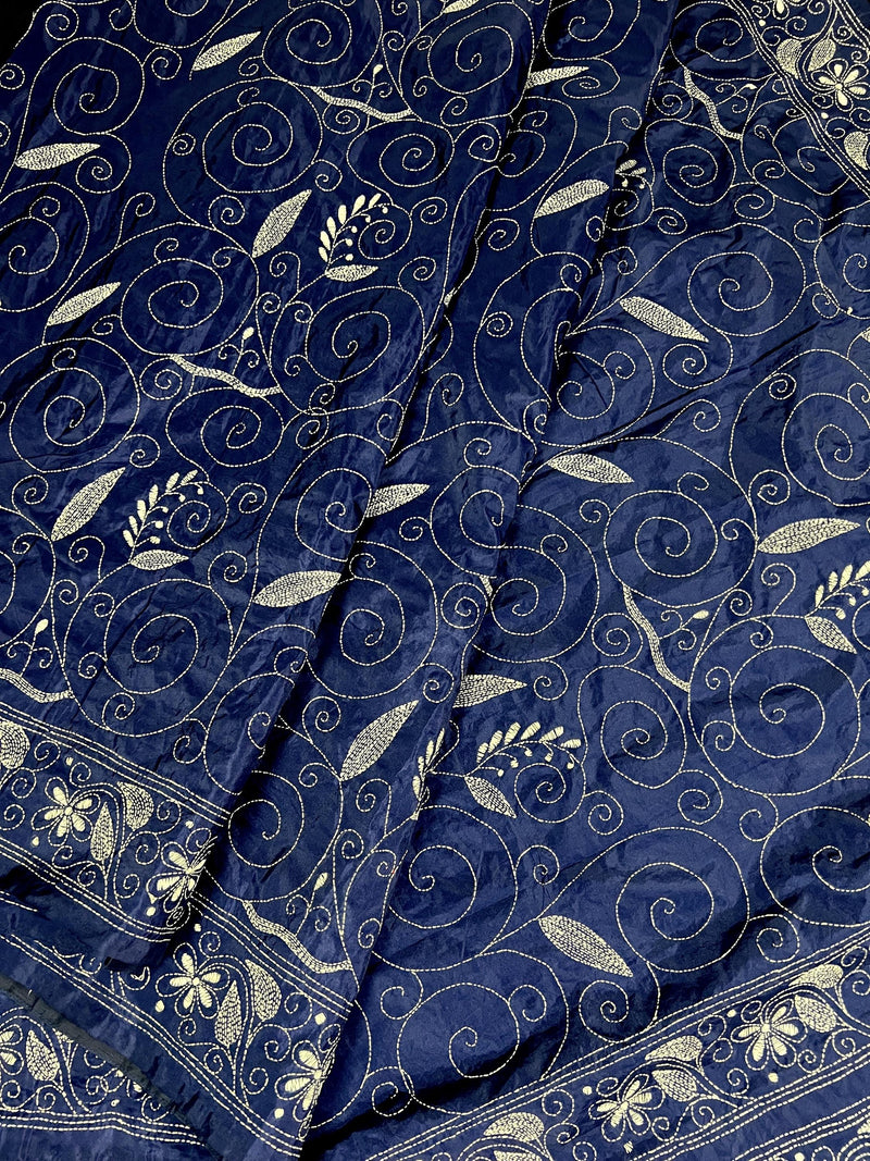 Blue Color Bangalori Silk Saree with Hand Kantha Stitch | Handwoven Kantha Stitch Sarees | Kantha Saress | Bengal Sarees | Silk Sarees