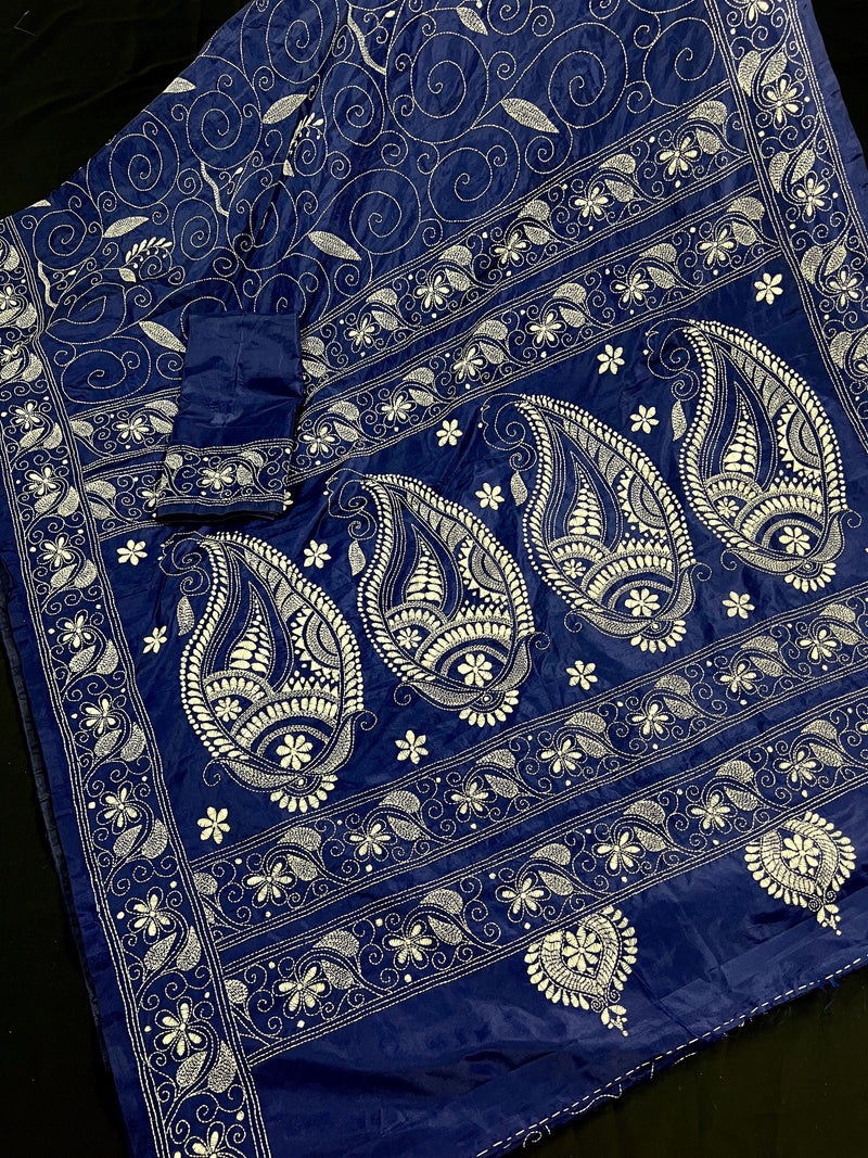 Blue Color Bangalori Silk Saree with Hand Kantha Stitch | Handwoven Kantha Stitch Sarees | Kantha Saress | Bengal Sarees | Silk Sarees