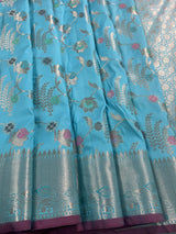 Statement Handmade Sky Blue Color Banarasi Semi Katan Silk Saree with Meenakari and Sliver Zari Weave with Floral Jaal