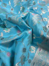 Statement Handmade Sky Blue Color Banarasi Semi Katan Silk Saree with Meenakari and Sliver Zari Weave with Floral Jaal