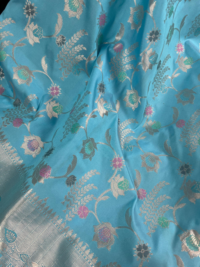 Statement Handmade Sky Blue Color Banarasi Semi Katan Silk Saree with Meenakari and Sliver Zari Weave with Floral Jaal