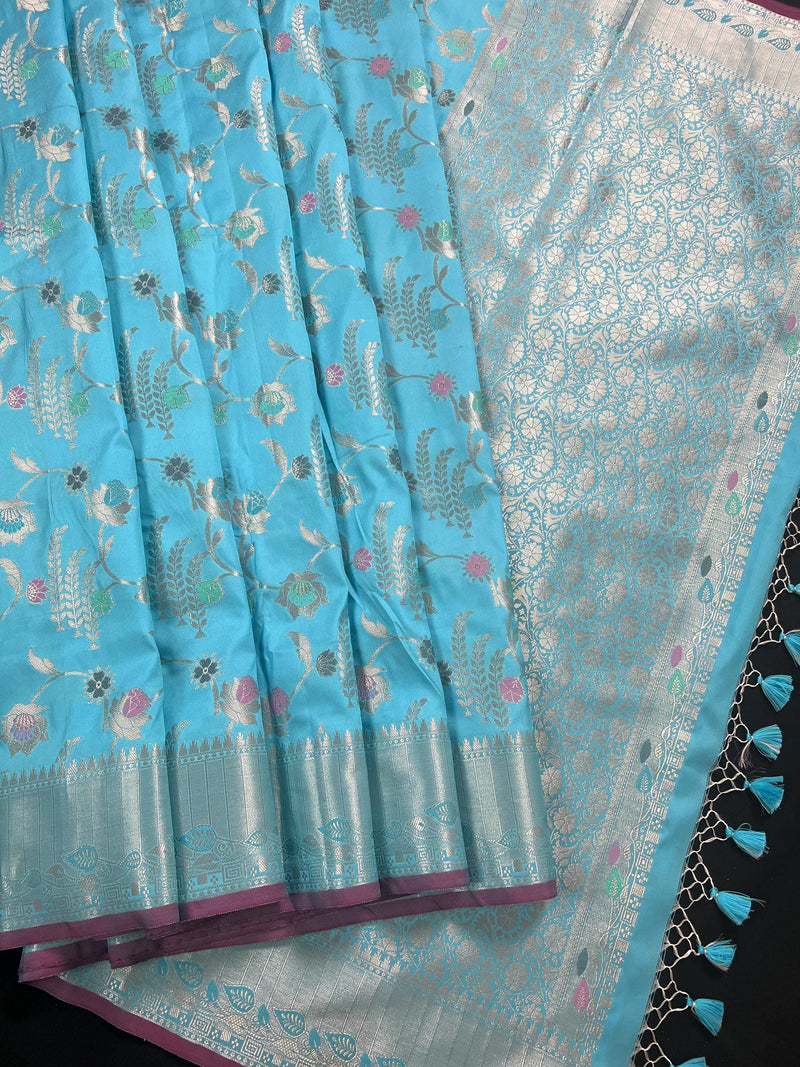 Statement Handmade Sky Blue Color Banarasi Semi Katan Silk Saree with Meenakari and Sliver Zari Weave with Floral Jaal