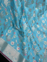 Statement Handmade Sky Blue Color Banarasi Semi Katan Silk Saree with Meenakari and Sliver Zari Weave with Floral Jaal