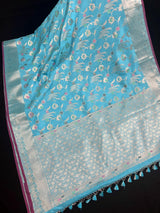 Statement Handmade Sky Blue Color Banarasi Semi Katan Silk Saree with Meenakari and Sliver Zari Weave with Floral Jaal