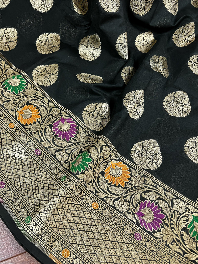 Black Color Traditional Banarasi Handloom Sari with Paithani Style Floral Borders with Meenakari Borders | Soft Silk Saree