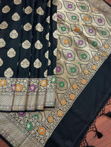 Black Color Traditional Banarasi Handloom Sari with Paithani Style Floral Borders with Meenakari Borders | Soft Silk Saree